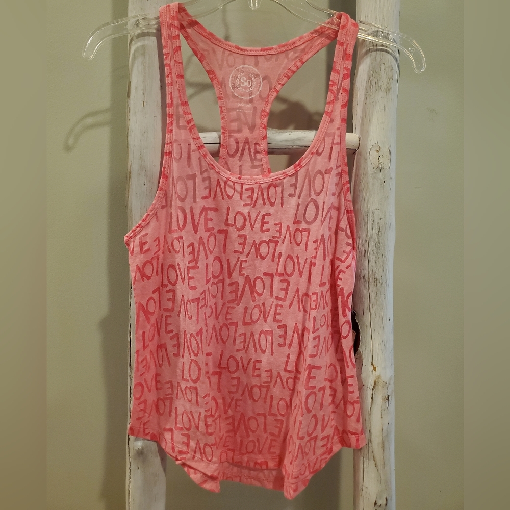 SO brand pink "Love" print Racerback tank top. NWT Small